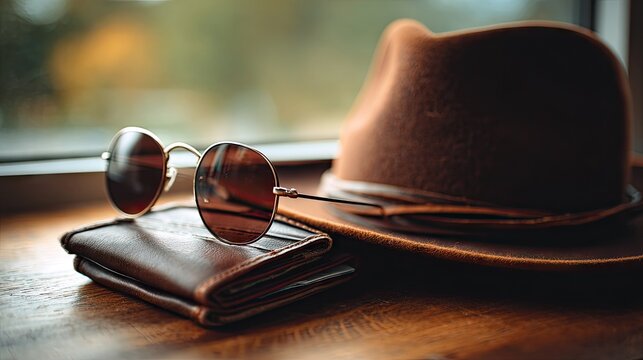 Brown hat sunglasses and wallet on wooden table