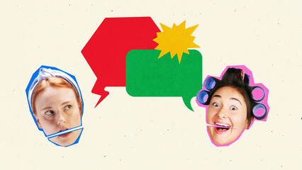 Pop art collage. Redhead woman with headband looking suspiciously at cheerful woman in hair curlers against colorful speech bubbles. Concept of gossip, lifestyle, conversation, and emotional curiosity