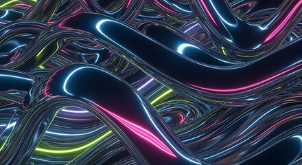 Abstract Metallic Waves with Neon Lights Contemporary Design, Dark Background, Wavy Forms