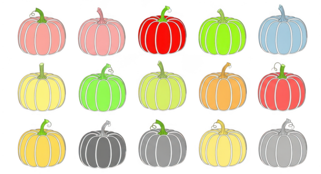 A grid of fifteen stylized pumpkins in various pastel and bright colors, each with a green stem, displayed on a transparent background