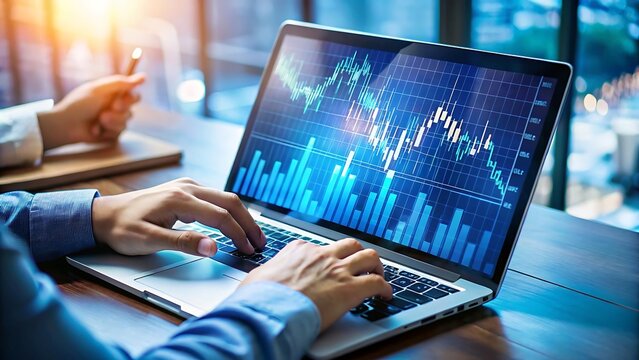 Close-up of businessman's hands analyzing financial data on laptop screen, showcasing dynamic stock market charts and graphs in a modern, professional office setting, conveying a serious and focused