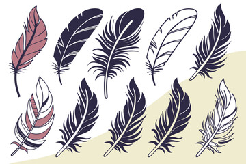 Download feather vector illustration set free, bird feather clip art, boho feather design elements, ink drawing silhouette