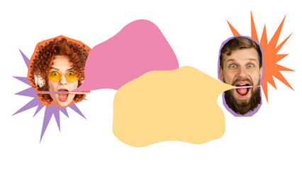 Trendy artwork. Woman in yellow glasses arguing with surprised man on background of pink and orange...