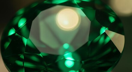 Macro Shot of Green Faceted Gemstone with Light Reflection Detailing Sparkle