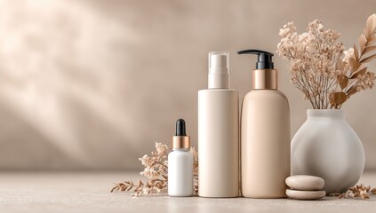 Elegant, beige-toned cosmetic bottles and a vase of dried flowers arranged on a light beige surface, creating a serene and sophisticated aesthetic.