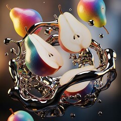 Rainbow Pears with Chrome Splash, Sliced and Whole Fruits Suspended in Liquid