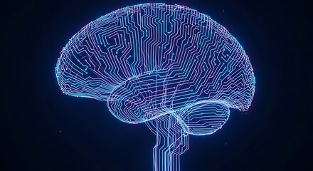Illuminated Brain Circuit Board Digital Technology Represented in Neon Blue on Dark Background