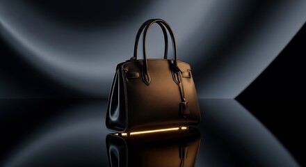 Elegant Black Leather Handbag with Gold Accent Lighting on a Reflective Surface