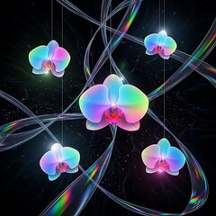 Luminous Rainbow Orchids Hanging with Rainbow Glass Ribbons in Dark Space Background