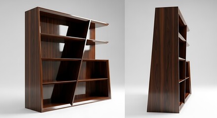 Modern Rosewood Bookshelf with Asymmetrical Design Shelves on White Background, Two Angle Views