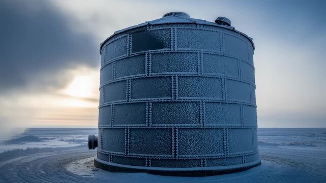 Medium shot of insulated weatherresistant silo with frost on surface illustrating grain protection in cold climates and energyefficient storage.