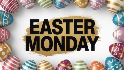 Festive easter monday greeting with colorful decorated eggs arranged in a circular border around the text