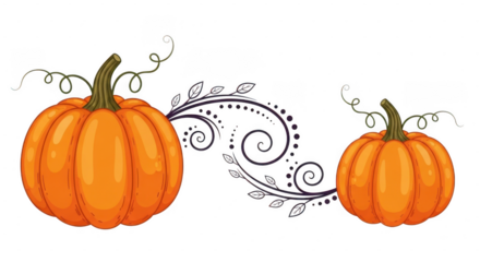 Two plump, orange pumpkins are connected by a decorative vine with leaves and swirls isolated on transparent background