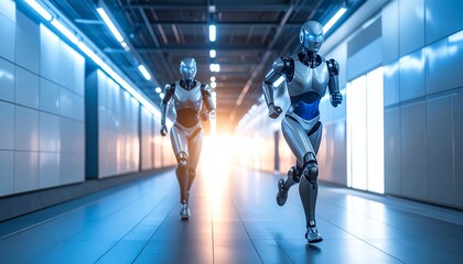 Fototapeta premium Two futuristic robots running in a modern corridor, highlighting innovation and technology