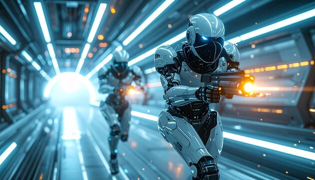 Two soldiers in futuristic armor engage in high-speed pursuit through a neon-lit corridor, capturing a dynamic, sci-fi atmosphere