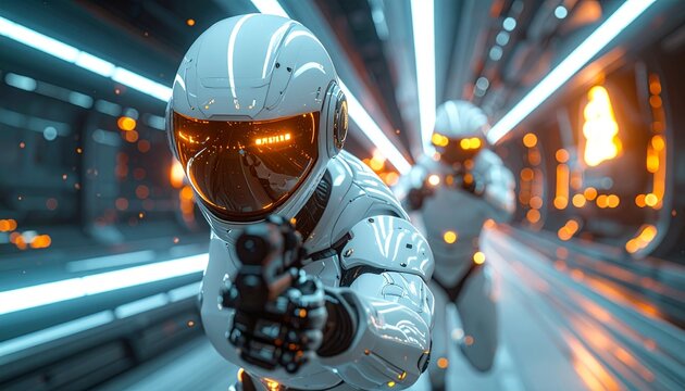 Futuristic robots engaged in high-speed pursuit in a high-tech corridor with bright glowing lights