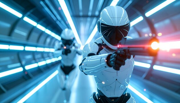 Two figures in futuristic armor aiming weapons down a neon lit tunnel. The image evokes a sense of sci-fi action and technological advancement.