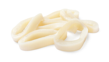Many uncooked squid rings isolated on white