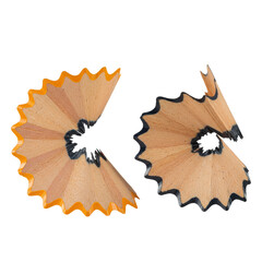 Two intricate pencil shavings, one spiraled, one mid-peel, from yellow pencil, showing wood grain/dust on transparent background with hard low-angle lighting. Microscopic beauty study