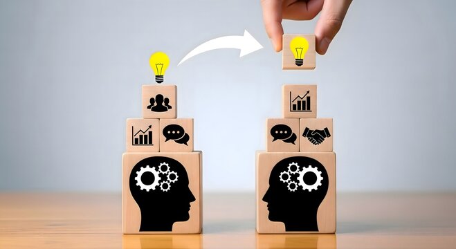 Concept of knowledge transfer shown with wooden blocks with head silhouettes and lightbulb icons