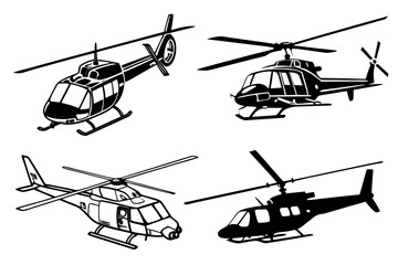Illustration of four different helicopters with varying designs and rotor configurations in black and white silhouette