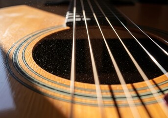 Fototapeta premium Low angle view of acoustic guitar soundhole with dust inside illuminated sunlight