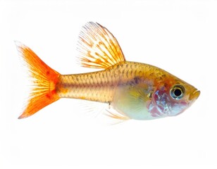 Fototapeta premium Profile view of a small, vibrantly colored fish. Its body is golden-brown, with hints of orange and light blue. 