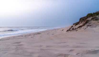 A serene, sandy beach with gentle waves against the shore under a soft, pastel sky. Dunes with sparse vegetation rise gently from the beach, creating a peaceful and untouched natural landscape.