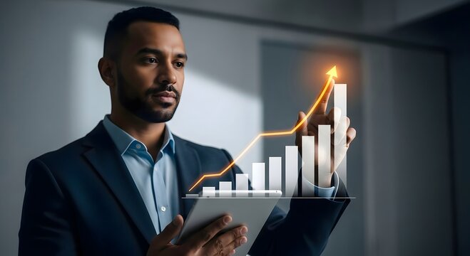 Man in suit looking at digital tablet displaying upward trending graph with glowing arrow overlay