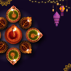 Diwali illustration template for greeting card and poster with sketchy rangoli, watercolor diyas, lanterns, editable vector and printable design ideal for artisanal festival stationery, family greetin