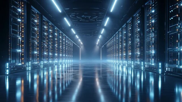 Cyber Fortress: Illuminate the core of digital data storage and network security, as high-tech servers line a futuristic corridor in an abstract, computer-generated depiction.