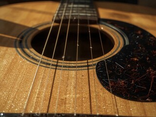 Obraz premium Extreme close up of acoustic guitar strings and bridge with dust detail visible