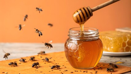 Honey Jar with Bees and Honeycomb on Orange Background