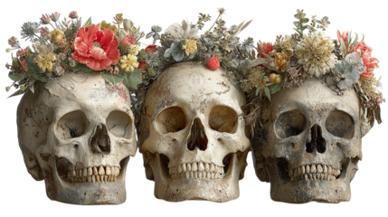 Group of 3 skulls with floral crowns, isolated on transparent background 