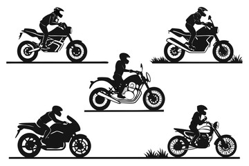 Obraz premium Silhouette illustration showcasing five motorcycles with riders in helmets on white background design vector