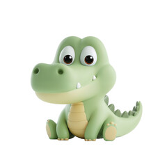 Obraz premium A cute cartoon baby crocodile is sitting on a white background. The crocodile has a big smile on its face and wide eyes.