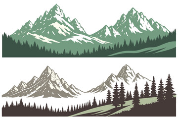 Two mountain ranges with pine tree forests in different color schemes on a white background landscape view silhouette
