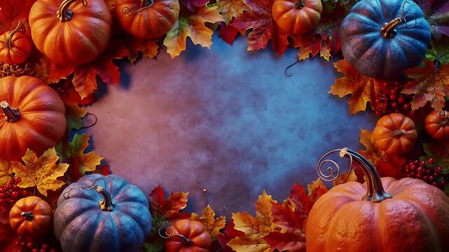 Autumnal Equinox Pumpkins and Fallen Leaves Composition for Festive Fall Season