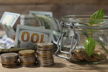 Glass jar with coins, sprout and banknotes on wooden table, closeup