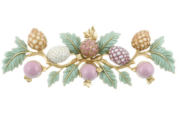 Fototapeta premium A close-up image of a decorative floral arrangement featuring colorful pinecones, leaves and beads. The arrangement has a vintage feel with detailed textures and intricate design.