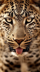 Obraz premium A majestic leopard displaying its tongue in an up-close portrait. The animal's eyes are focused, and it has a captivating expression.