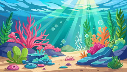 
very beautiful Underwater sunlight, green seaweed, pink coral, clear water, sandy ocean floor, peaceful marine scene