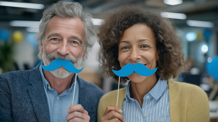 Smiling couple holding blue mustache props at office event  