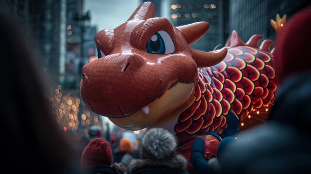 Large balloon character makes a big appearance during Thanksgiving Day Parade in the city streets, delighting onlookers