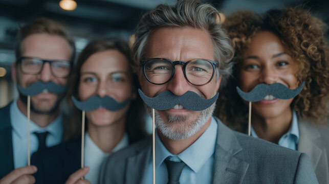 Group of four people smiling and wearing paper mustaches for men's health month