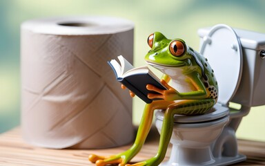 Funny frog sitting on a toilet reading a book next to a toilet paper roll