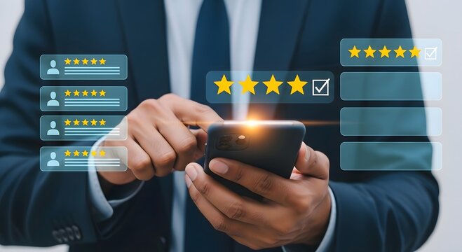 Person in suit using smartphone to select five star rating with checkmark on digital interface