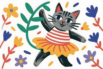 A whimsical cat ballerina dancing gracefully among colorful flowers and playful confetti dots