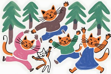 Dancing cats in forest illustration with cheerful feline friends having fun together