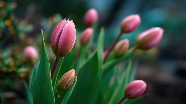 A beautiful close-up of pink tulip buds amongst green leaves, capturing the essence of spring's vibrant bloom. - Powered by Adobe